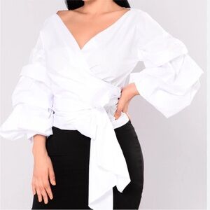 Fashion Nova White wrap blouse Puff Sleeve ruffle tiered long sleeves size XL